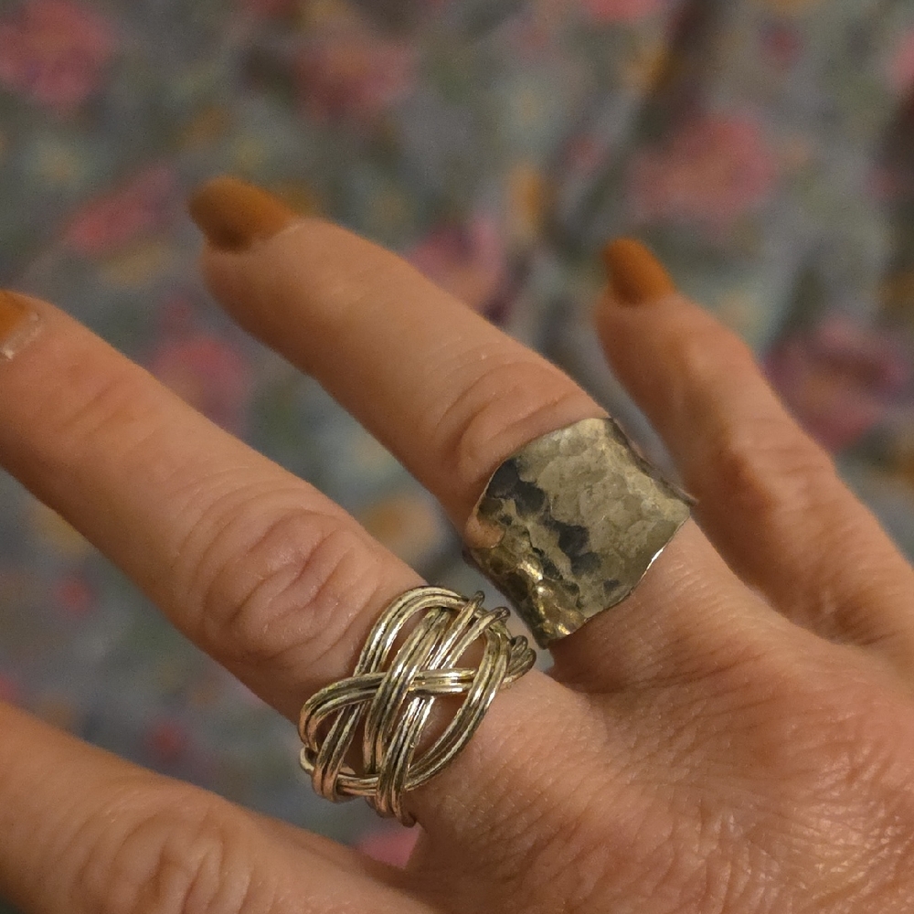 Stylish Silver Hammered and Woven Ring Set